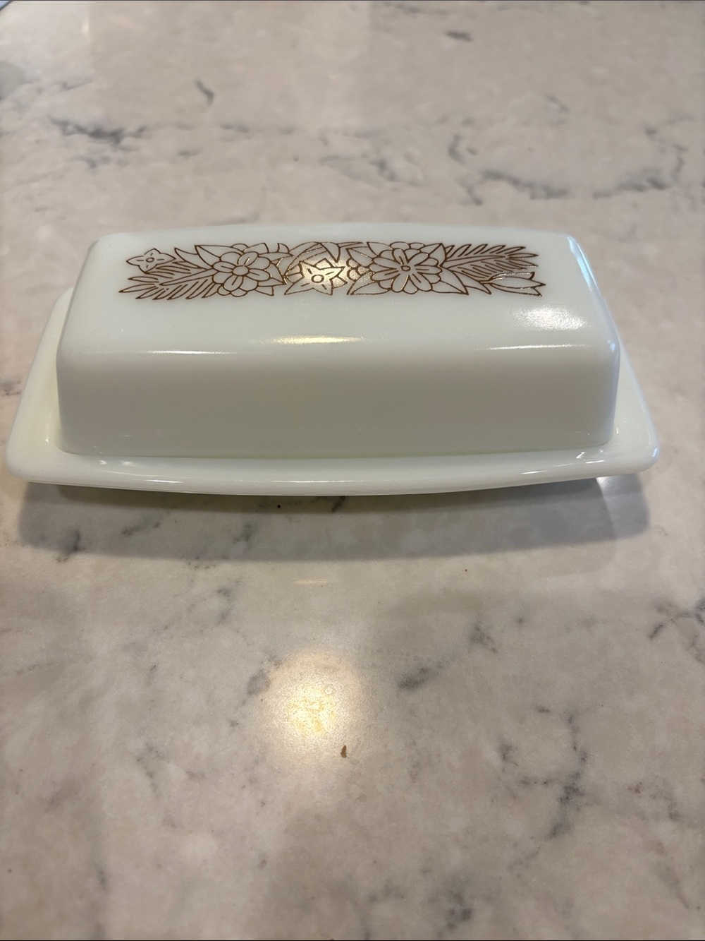 Pyrex White Butter Dish with Gold Floral Trim